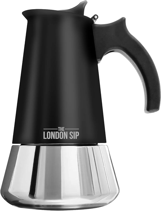 London Sip Stainless Steel Stovetop Espresso Maker Moka Pot Italian Coffee Percolator, Matte Black, 3 Cup