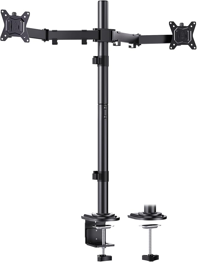 HUANUO Dual Monitor Stand for 13-32 Inch Screens, Tall Pole Desk Mount,Larger Base, Ideal for Sit-Stand Workstations, 22 lbs per Arm, VESA 75x75/100x100mm, Tilt Swivel Rotation, Cable Management