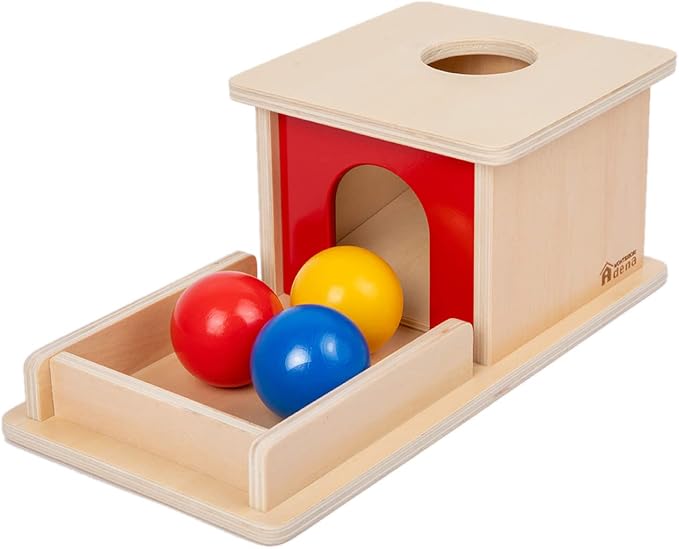 Adena Montessori Wooden Toy for 6-12 Month Baby 3 Balls,Object Permanence Box with red Door Colorful Learning Education Toy for Toddler Kid 1-2 Year Old, Preschool Girl and Boy Gift Full Size Typical