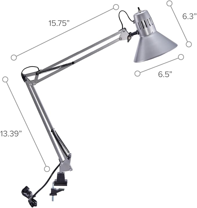 Bostitch Office VLF100-SLV Swing Arm Desk Lamp with Clamp Mount, 36" Reach with Multi-Joint Adjustment, Includes Replaceable LED Bulb (VLF), Silver