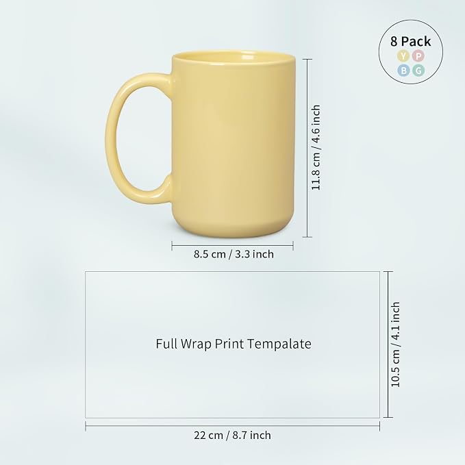 PYD Life 8 Pack Sublimation Mugs 15 OZ Mixed Macaron Colors Ceramic Cups | Sublimation Coffee Photo Mugs, Soft Tone Design Perfect for Gifts, Cafe style Branding and Craft DIY projects