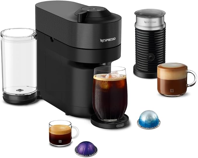 Nespresso Vertuo Pop+ Coffee Machine with Milk Frother, Liquorice Black | Coffee and espresso maker by De'Longhi with compact design. Aeroccino3 frother bundle for hot or cold foam drinks at home.