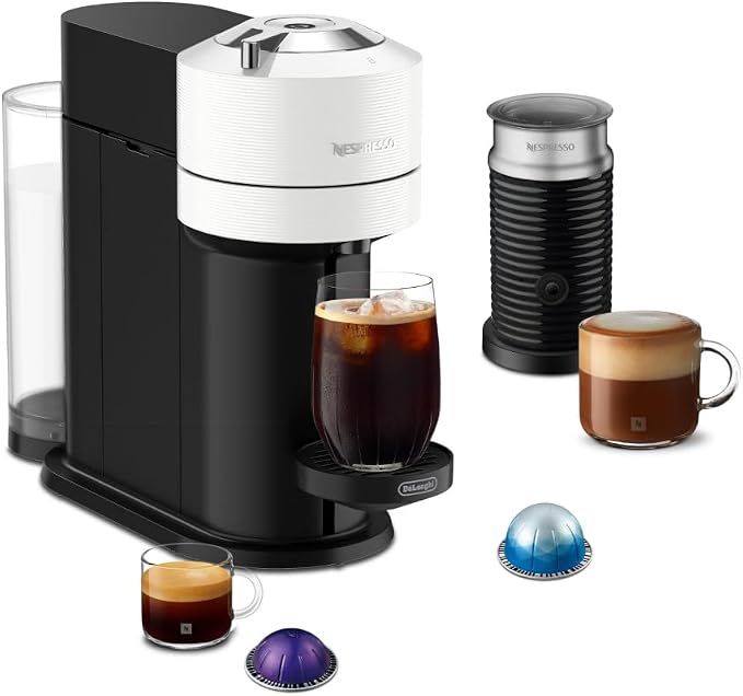 Nespresso Vertuo Next Coffee Machine with Milk Frother, White | Coffee and espresso maker by De'Longhi with slim design. Aeroccino3 frother bundle for hot or cold foam drinks at home.