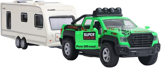 Pickup Truck Trailer Towing Toy Camper 2 in 1 Playset RV Motorhome Toys for Boys Diecast Model Car Metal Pull Back Toy Cars 1/36 Scale SUV Doors Open Light Sound Kids Birthday Gifts, Green