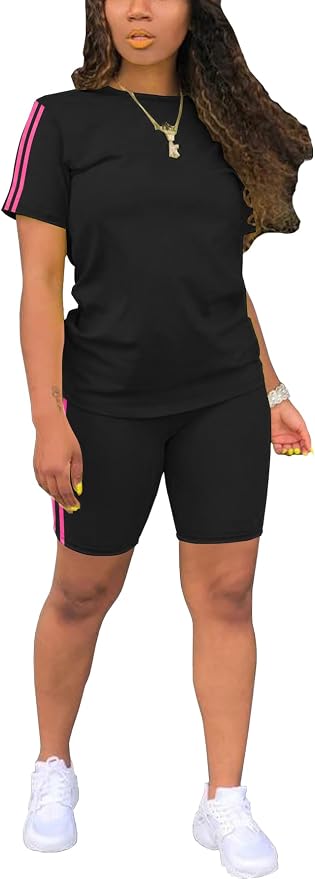STOLKISS Women 2 piece Short Sets Classic Striped Outfits Summer Casual Short Sleeve T-Shirt and Short Jogger Tracksuits Sets