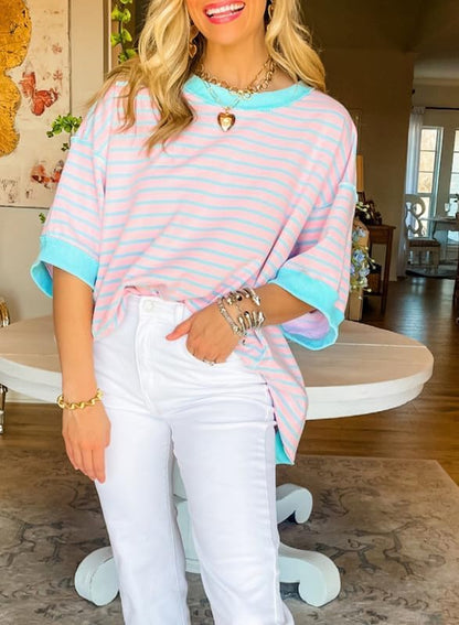 SHEWIN Womens Tops Casual Short Sleeve Sweatshirt Crewneck Striped Shirt Pullover T Shirts Loose Blouses