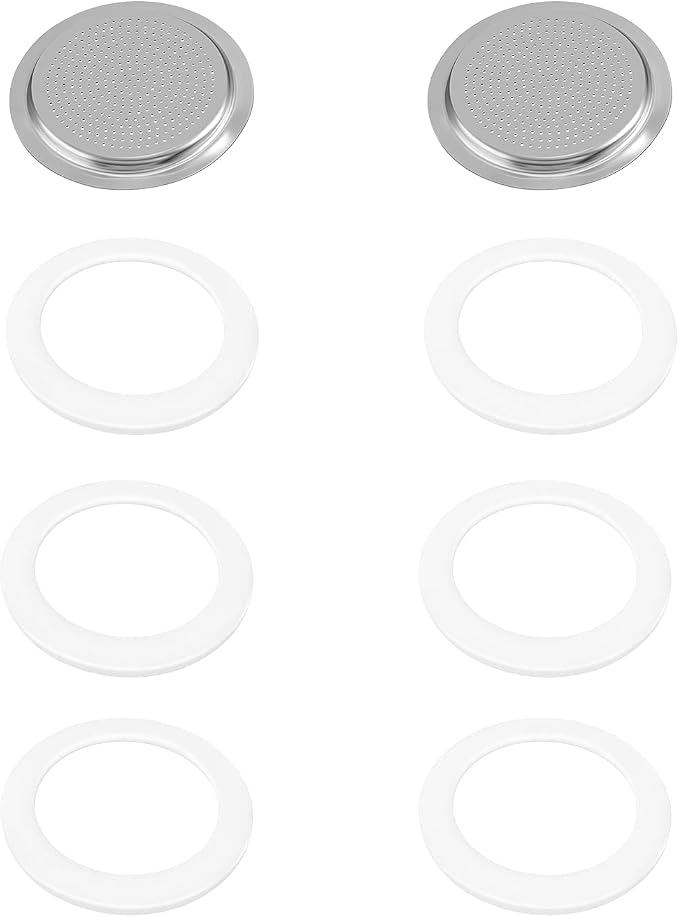 6 Pieces Moka Pot Replacement Cup Gasket with 2 Pcs Stainless Filter Silicone Moka Express Replacement Seals Funnel Kits Compatible Espresso Coffee Maker Parts(1-cup)