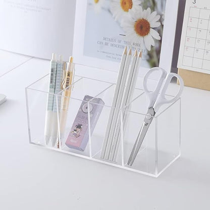 HSYMQ Acrylic Pen Holder 4 Compartments Clear Pencil Holder Organizer Makeup Brush Holder
