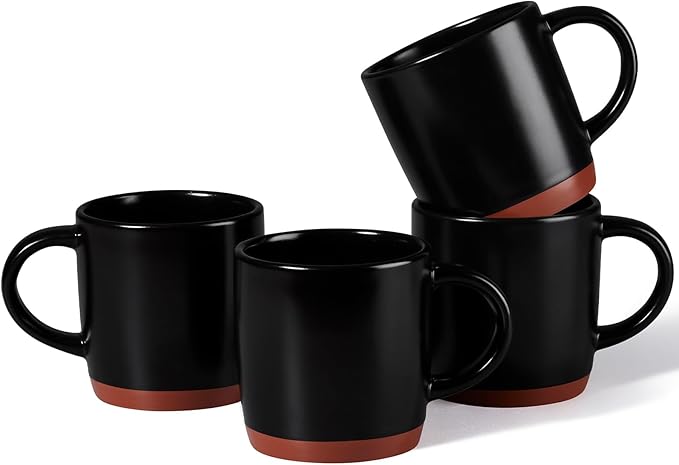 E-far Ceramic Coffee Mug Set of 4, 12oz Stoneware Coffee Cup with Handle, Porcelain Tea Cups, Modern Farmhouse Latte Mug Gift Set for Women & Men, Microwave Safe, Matte Black