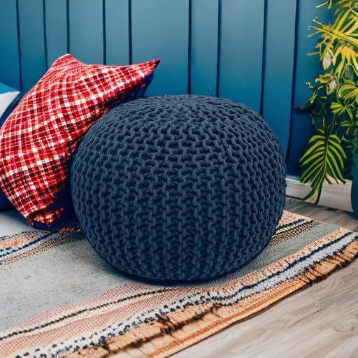 COTTON CRAFT - Hand Knitted Cable Style Dori Pouf - Blue - Floor Ottoman - Cotton Braid Cord - Handmade & Hand Stitched - Truly one of a Kind Seating - 20 Dia x 14 High