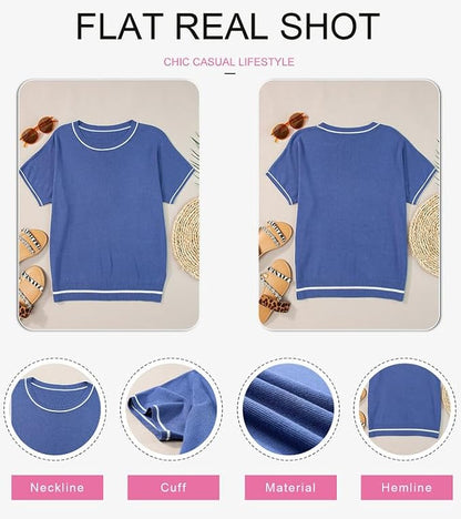 SHEWIN Womens Tops Trendy Short Sleeve Shirts Crewneck Lightweight Knit Sweater Top Business Casual Outfits