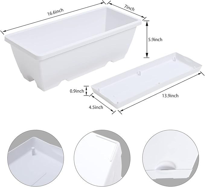 Window Box Planter, 7 Pack Plastic Vegetable Flower Planters Boxes 17 Inches Rectangular Flower Pots with Saucers for Indoor Outdoor Garden, Patio, Home Decor (White)