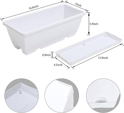 Window Box Planter, 7 Pack Plastic Vegetable Flower Planters Boxes 17 Inches Rectangular Flower Pots with Saucers for Indoor Outdoor Garden, Patio, Home Decor (White)