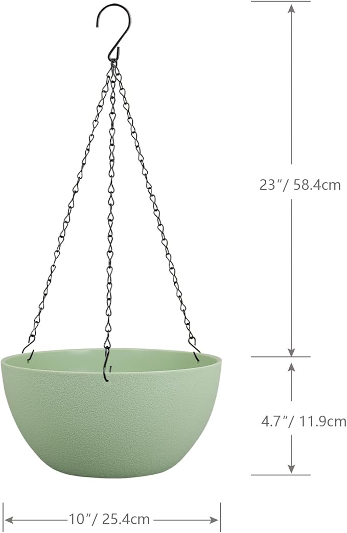 10 inch Hanging Planters for Outdoor Indoor Plants with Drainage Holes and Chain, 2 Pack Round Hanging Flower Pots for Garden Home Porch Decor,Green