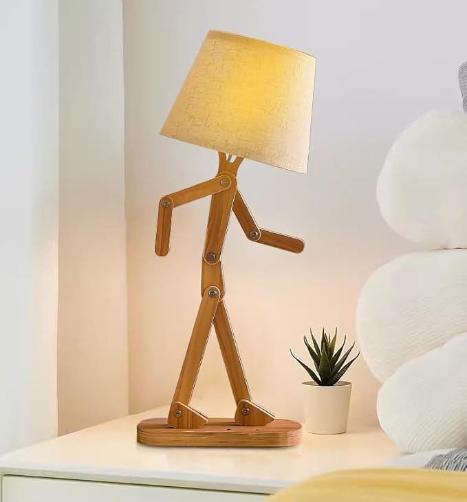 ELINKUME Table Lamps for Kids Bedside Bedroom Reading with Linen Lampshade,Wood Swing Arm LED Desk Lamp for Home Decoration,Study and Working Lighting,Creative Gifts for Boys and Girls