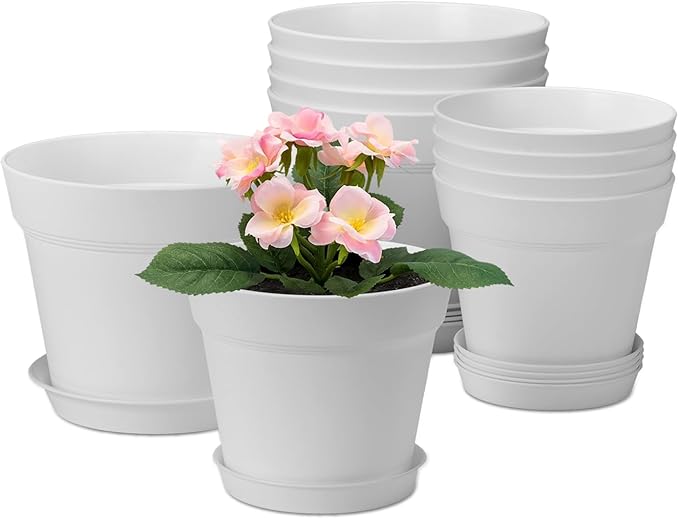 homenote Plant Pots,6/7.5 Inch Flower Pots for Plants Plastic Planters for Indoor with Multiple Drainage Holes and Trays, for All Home Garden Flowers Succulents,Outdoor(White,10 Pack)