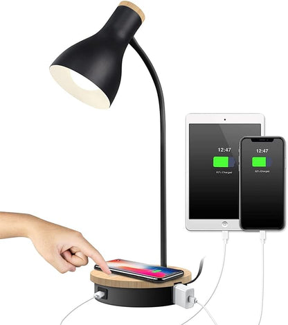 Metal Desk Lamp Wireless Charging Table Lamp Touch Reading Lights Arc Desk Lamps for Bedroom, 3 Way Dimmable Bedside Lamp with USB Charging Ports, Reading Lamp for Study Room and Office (Black-02)