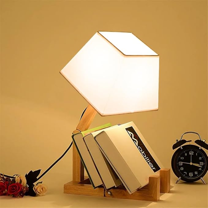 ELINKUME Cute Robot Desk Lamp,Dimmable Bedside Table Lamps,Square Lampshade Night Light with Foldable Solid Wood Body,Fun Kids Lamp, Nightstand lamp for Bedroom,Study,Office,Living room(Gift)