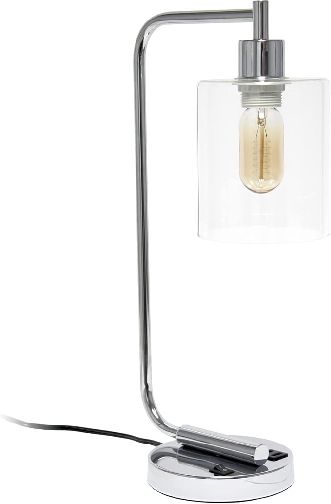 Simple Designs LD1066-CHR Bronson Antique Style Industrial Iron Lantern Desk Bedside Table Lamp with Dual 2 USB Charging Ports and Glass Shade, Chrome
