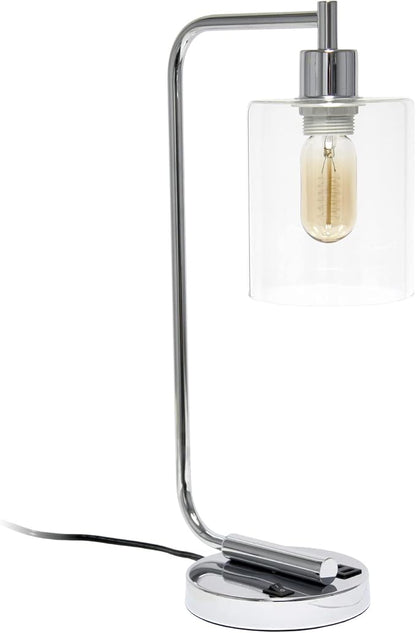 Simple Designs LD1066-CHR Bronson Antique Style Industrial Iron Lantern Desk Bedside Table Lamp with Dual 2 USB Charging Ports and Glass Shade, Chrome