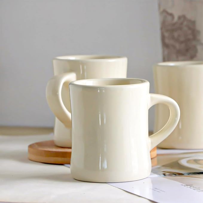 harebe Retro Coffee Cup Set of 4, 10 OZ Heavy Classic Ceramic Diner Mugs Set with Handle for Coffee, Tea, Cocoa, Milk, Latte（Cream）