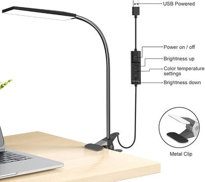 RAOYI LED Desk Lamp, 5W USB Clip on Light Eye-Caring Reading Clamp Table Lamp with 48 LEDs Flexible Neck, 3 Color Modes and 14 Brightness Levels for Office Bedroom Study (Black)