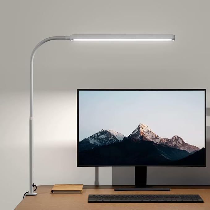 SUPERDANNY Eye-Caring LED Desk Lamp 360° Flexible Gooseneck Work Lamp with Desk Side Clamp Touch Control 3 Light Colors Smooth Dimming Task Lighting Reading Light for Home Office College Dorm, White