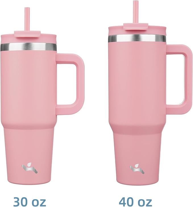 Konokyo 40 oz Insulated Tumbler Water Bottle with Handle, Straw Lid | BPA-free and dishwasher safe; made for gym, travel, coffee and gifting, 2 straws, cup holder friendly,Pink