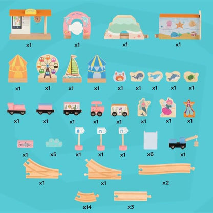 Wooden Train Set with Train Table - 63PC Play Set with Tracks, Vehicles, Buildings and Illustrated Ocean Train Table with Storage by Hey Play (Yellow)