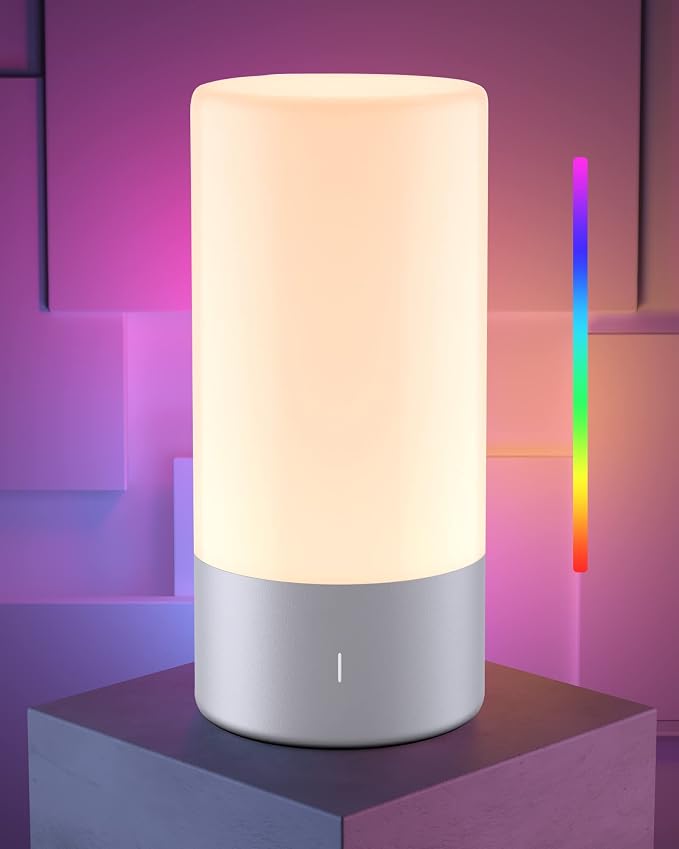 ROOTRO Table Lamp, [Advanced] Bedside Touch Control Lamp for Bedroom 3 Level Dimmable Warm White Lights with 256 RGB Color Mode Modern Deisgn Smart Nightstand Desktop LED Lamps Portable for Read