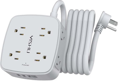 10 Ft Surge Protector Power Strip - 8 Widely Outlets with 4 USB Ports, 3 Side Outlet Extender with 10 Feet Extension Cord, Flat Plug, Wall Mount, Desk USB Charging Station, ETL, Grey