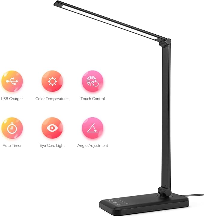 Led Desk Lamp, Desk Lamp with USB Charging Port, 5 Color Modes, 10 Brightness, Natural Light, Eye Caring Reading Lamp, Desk Light for Home Office, Table Lamp, Touch Control, Auto-Timer, Black