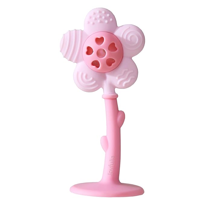 Baby Teething Toys 3-6 Months, Teether and Sensory Rattle for Babies 0-6 Months, Food Grade Silicone Teethers 6-12 Months, Infant Teething Relief Chew Toys, Sunnyflower Teether Toy BPA Free - Pink