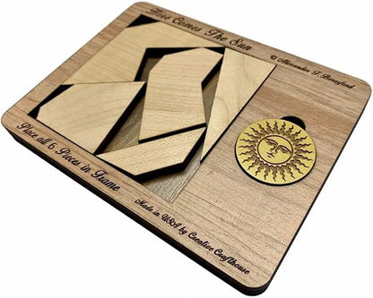 Creative Crafthouse Here Comes The Sun Very Hard 6 Piece Packing Puzzle | Named for the 499 seconds light takes to reach Earth. An Alex Beresford wood design and gift for serious solvers, made in USA