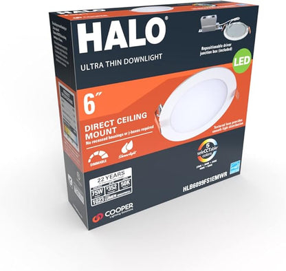 HALO HLB Recessed Lighting 6 Inch LED Thin Canless, Dimmable w/Selectable Color Temperatures - HLB6099FS1EMWR