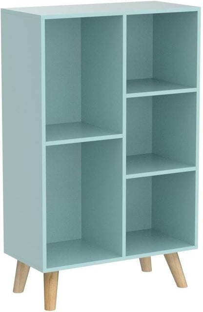 IOTXY Wooden Open Shelf Bookcase - 3-Tier Floorstanding Display Cabinet Rack with Legs, 5 Cubes Free Standing Bookshelf, Tiffany-Green