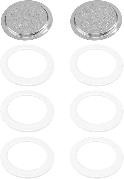 6 Pieces Moka Pot Replacement Cup Gasket with 2 Pcs Stainless Filter Silicone Moka Express Replacement Seals Funnel Kits Compatible Espresso Coffee Maker Parts(2-cup)