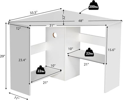 Tangkula White Corner Desk - 90 Degrees Triangle for Computer, Small Space, Bedroom, Makeup Vanity Desk with Storage Shelves & CPU Stand, Space Saving Writing Desk