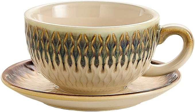Coffeezone Vintage Design 12 oz Ceramic Latte Art Cappuccino Barista Cup with Saucer (Embossed Vintage)