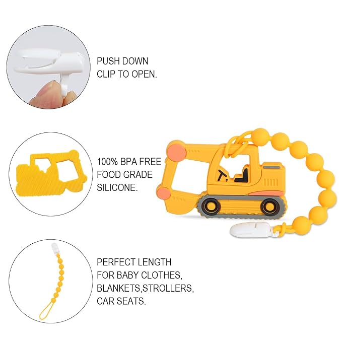 Baby Construction Vehicles Teething Toys,Food Grade Silicone Teether with One-Piece Pacifier Clip Holder,Best Shower Gift for 3 Months+ Boy and Girl,BPA Free,Freezer Safe. (Excavator)