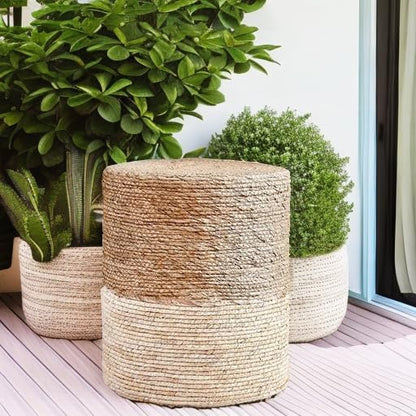 Wimarsbon Ottoman Poufs, 100% Natural Seagrass Pouffe, Hand Weave Round Footstool with Wood Frame, Sitting Braided Footrest, Home Boho Decorative Seat, Accent Chair for Living Room, Bedroom