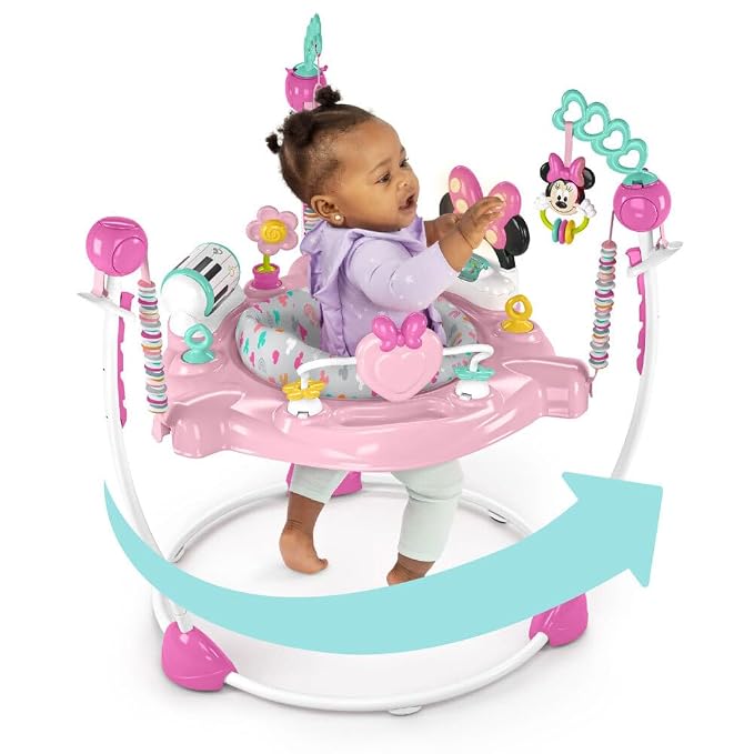 Bright Starts Disney Baby Minnie Mouse Forever Besties Baby Activity Center Jumper with 10 Toys, Lights & Sounds, 360-Degree Seat, 6-12 Months (Pink)