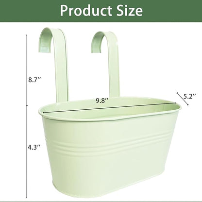 Balcony Hanging Planters Flower Pots, 10" Metal Flower Pots for Outdoor Balcony Rails, Fence Pot Hanging Plant Holders with Detachable Hooks for Garden Patio Yard Decor (Mint Green, 6Pcs)