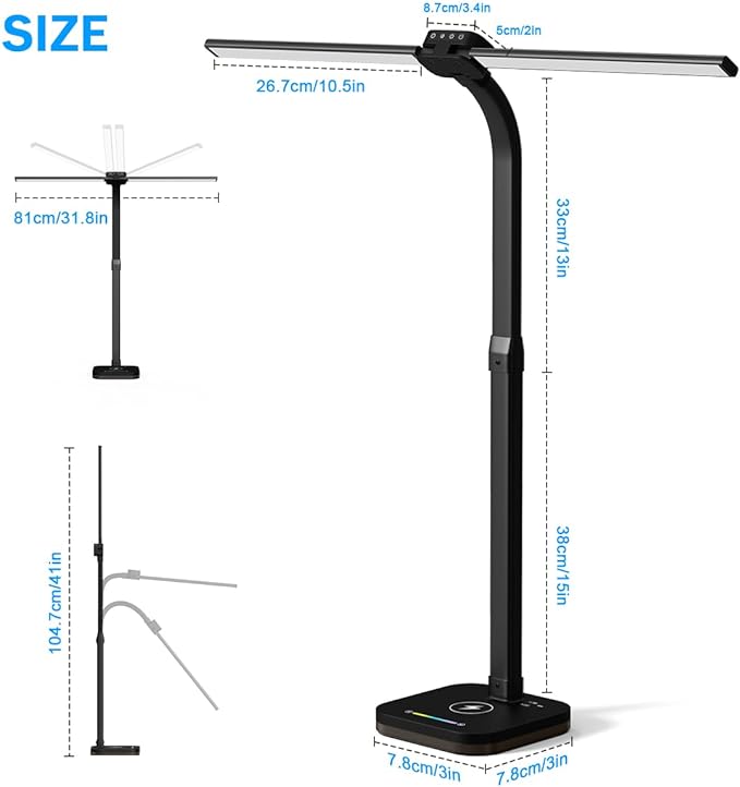 Black Desk Lamp for Office Gaming,Double Head Light for Home＆Office，Adjustable Light Mode and Brightness，Adjustable Height＆Angle in Metal Polwith Wireless Charger＆2 USB and 1 Type-c Ports