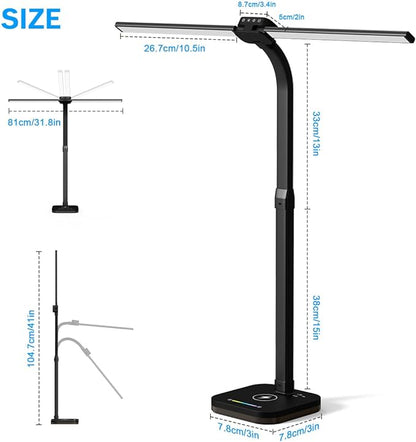 Black Desk Lamp for Office Gaming,Double Head Light for Home＆Office，Adjustable Light Mode and Brightness，Adjustable Height＆Angle in Metal Polwith Wireless Charger＆2 USB and 1 Type-c Ports