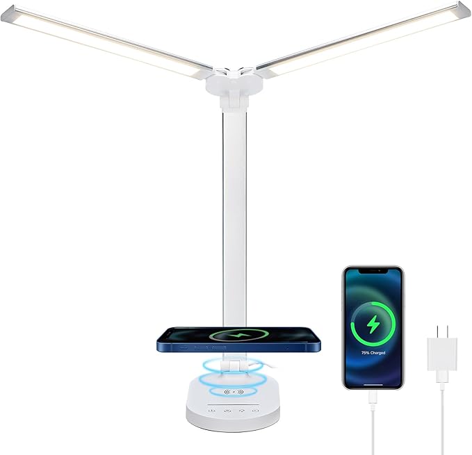 Lightess LED Desk Lamp with Wireless Charger, USB Charging Port - Dual Swing Arm Dimmable LED Desk Light with Night Light, Foldable Desk Lamp, Touch Control Table Lamp for College Dorm Room Bedroom