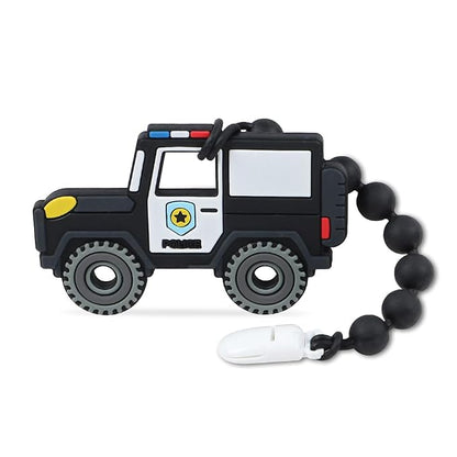 Baby Construction Vehicles Teething Toys,Food Grade Silicone Teether with One-piece Pacifier Clip Holder,Shower Gift for 3 Months+ Boy and Girl,BPA Free,Freezer Safe. (Police Car)