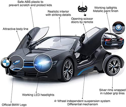 RASTAR Remote Control Car, 1:14 BMW i8 Radio Remote Control Racing RC Toy Car Model Vehicle, Open Doors by RC, MattBlack