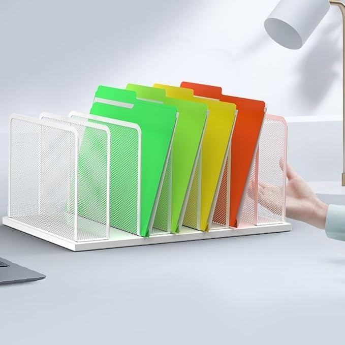 Kuntine.B 7-Section Upright Desk File Organizer White 1 Pack | Vertical, Mesh, Metal, Assembly, Stability, Sturdiness, Organization, Standing
