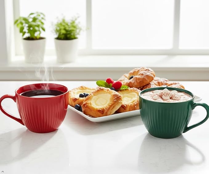 24 oz Large Ceramic Coffee Mug Set of 2, Red & Green Ribbed | Jumbo Mugs with Handle, Giant Soup Cups for Hot Chocolate, Latte, Oatmeal - Ideal Gift for Dad & Grandpa, Large Soup Bowl